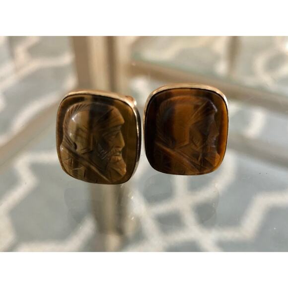 Vintage Lamode 10K Gold Filled, Carved Tigereye Brown Stone Warrior Cufflinks - Picture 7 of 10